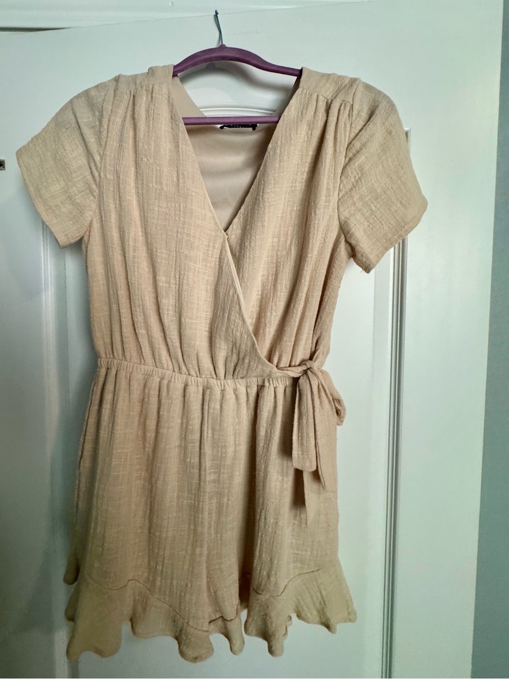 Gibsonlook Beige Wrap Short Sleeve Romper with Tie Waist
